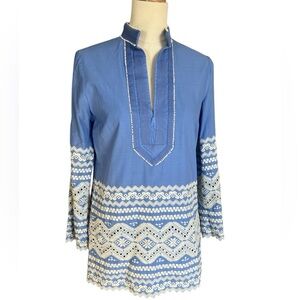 Tory Burch Blue and Creamy white Embroidered Tunic with side zip size 6 long cut